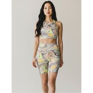 Sage Collective High-Waist Marble Print Biker Shorts and Bra Set in Dream Swirl